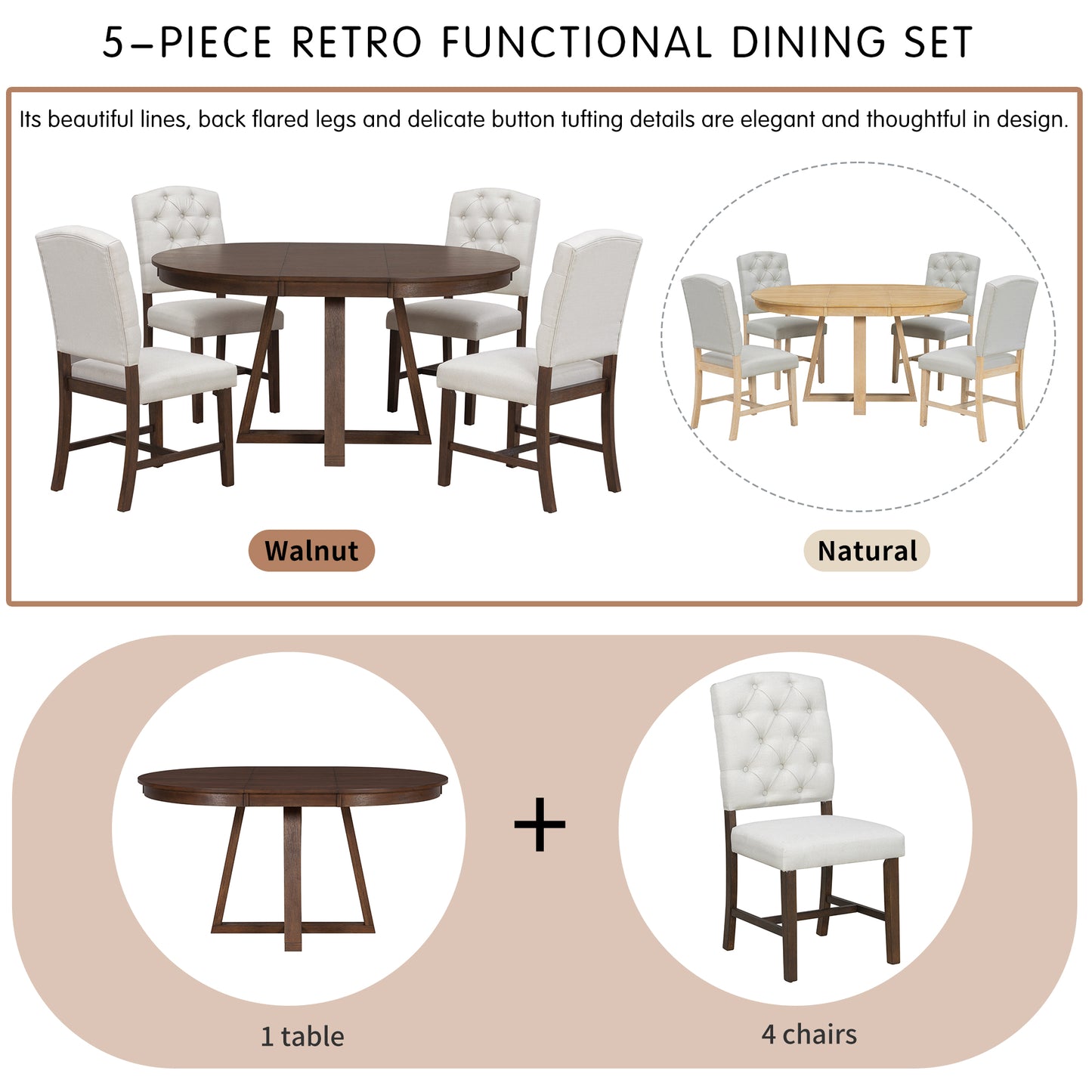 5-Piece Retro Dining Set with Round Table & 4 Upholstered Chairs - Walnut