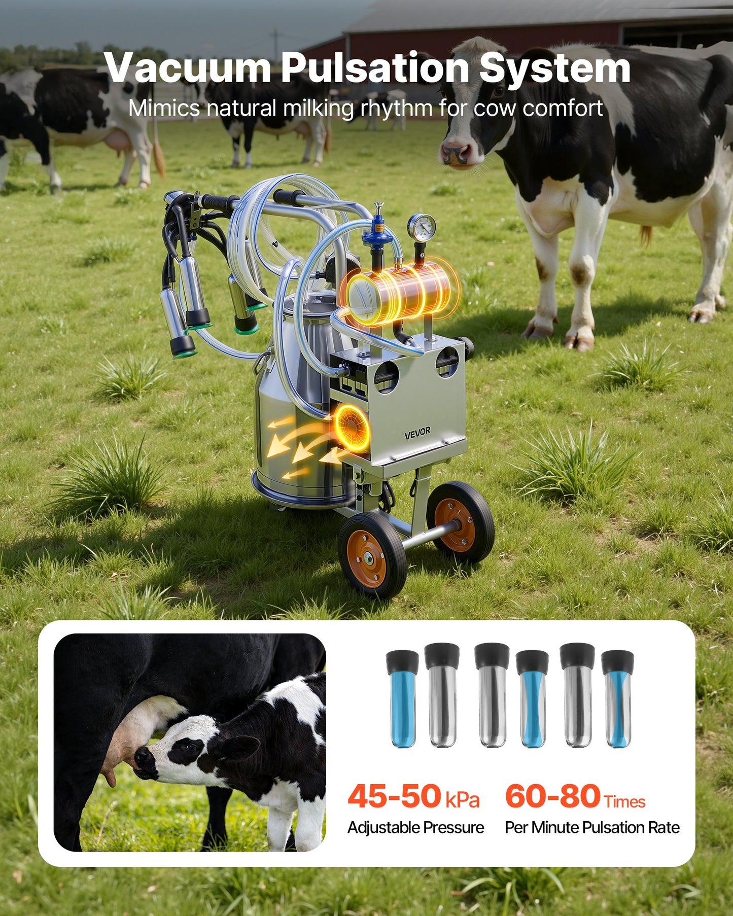 Electric Cow Milking Machine 6.6 Gal Stainless Steel Bucket Food-Grade Teat Cups