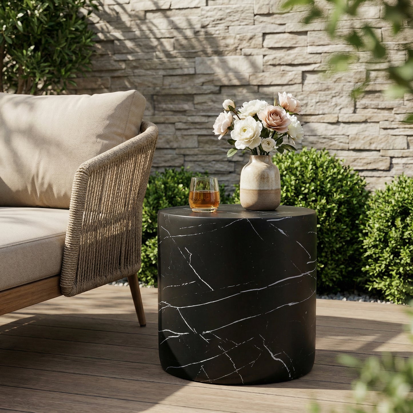 Outdoor Lightweight Concrete Side Table - Black Marble Finish