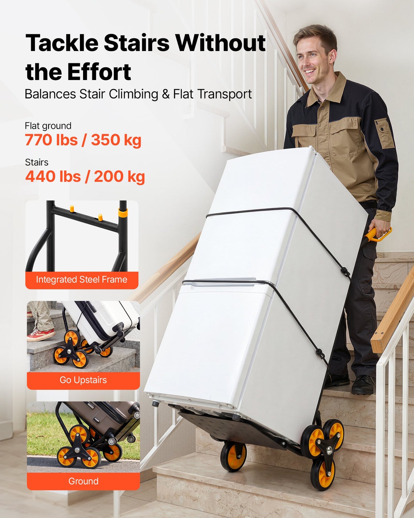 Heavy-Duty Stair Climbing Hand Truck with Folding Design, 440 Lb Capacity - Black