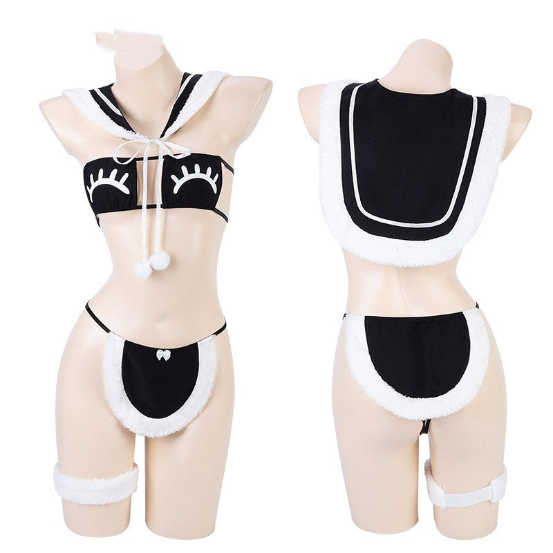 Cut-Out Bra Plush Sailor Uniform Set - Black & White One Size