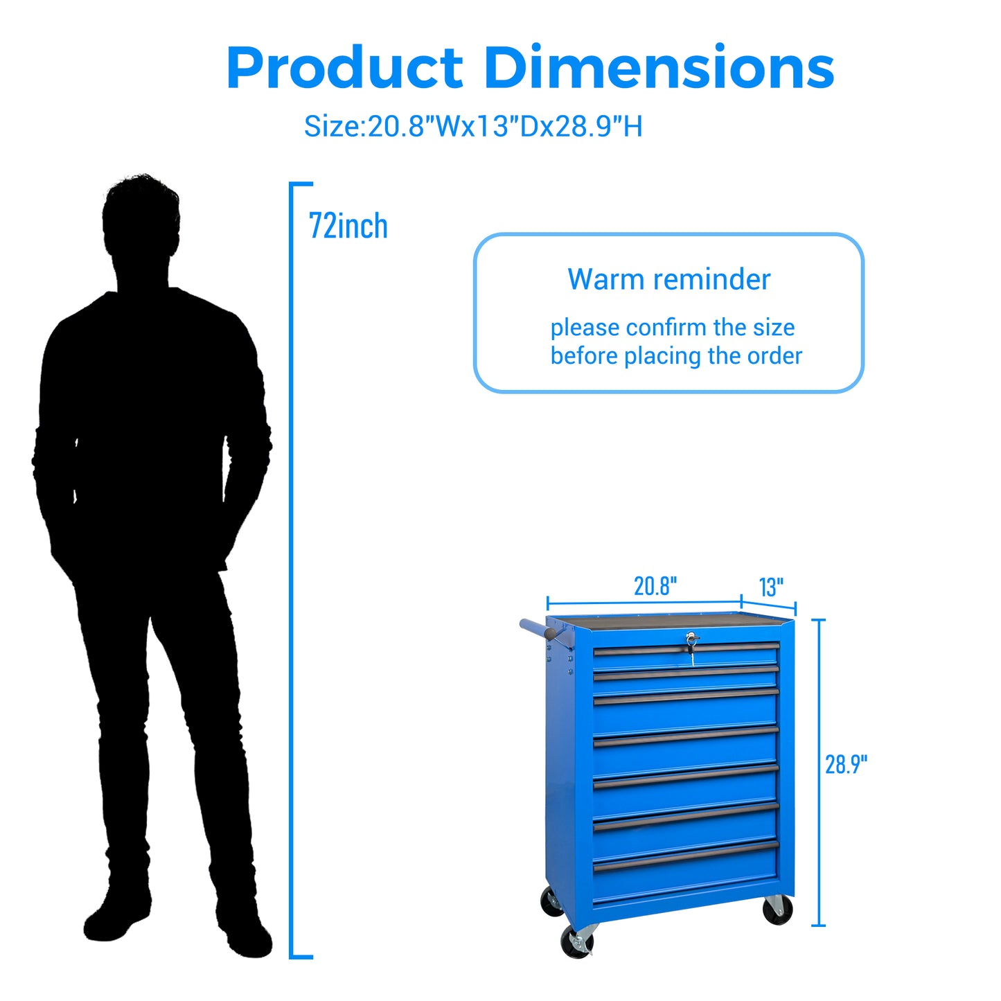Blue 20-Inch 7-Drawer Metal Tool Chest with Ball Bearing Slides, Steel Storage Cabinet