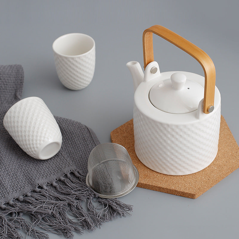 Japanese Ceramic Tea Set with Cups and Pot - White or Black Checkered Finish