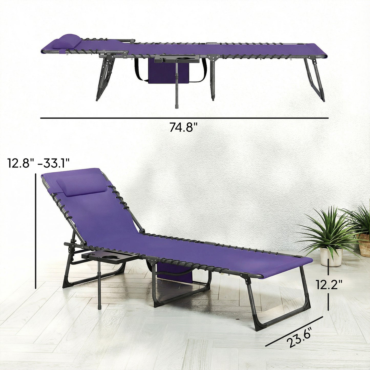 Folding Outdoor Chaise Lounge Chair with 5-Level Adjustable Back, Side Table, Pillow - Purple