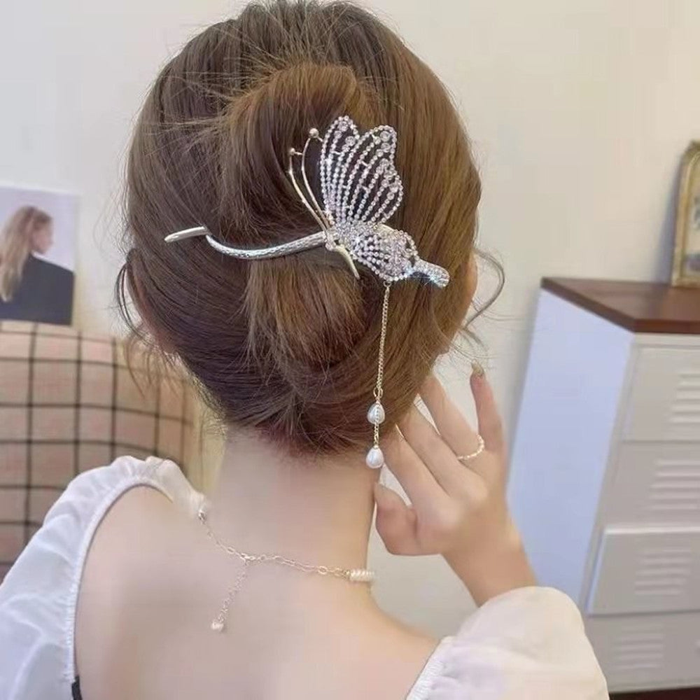 Butterfly Tassel Hair Clip - Zircon Alloy Hairpin