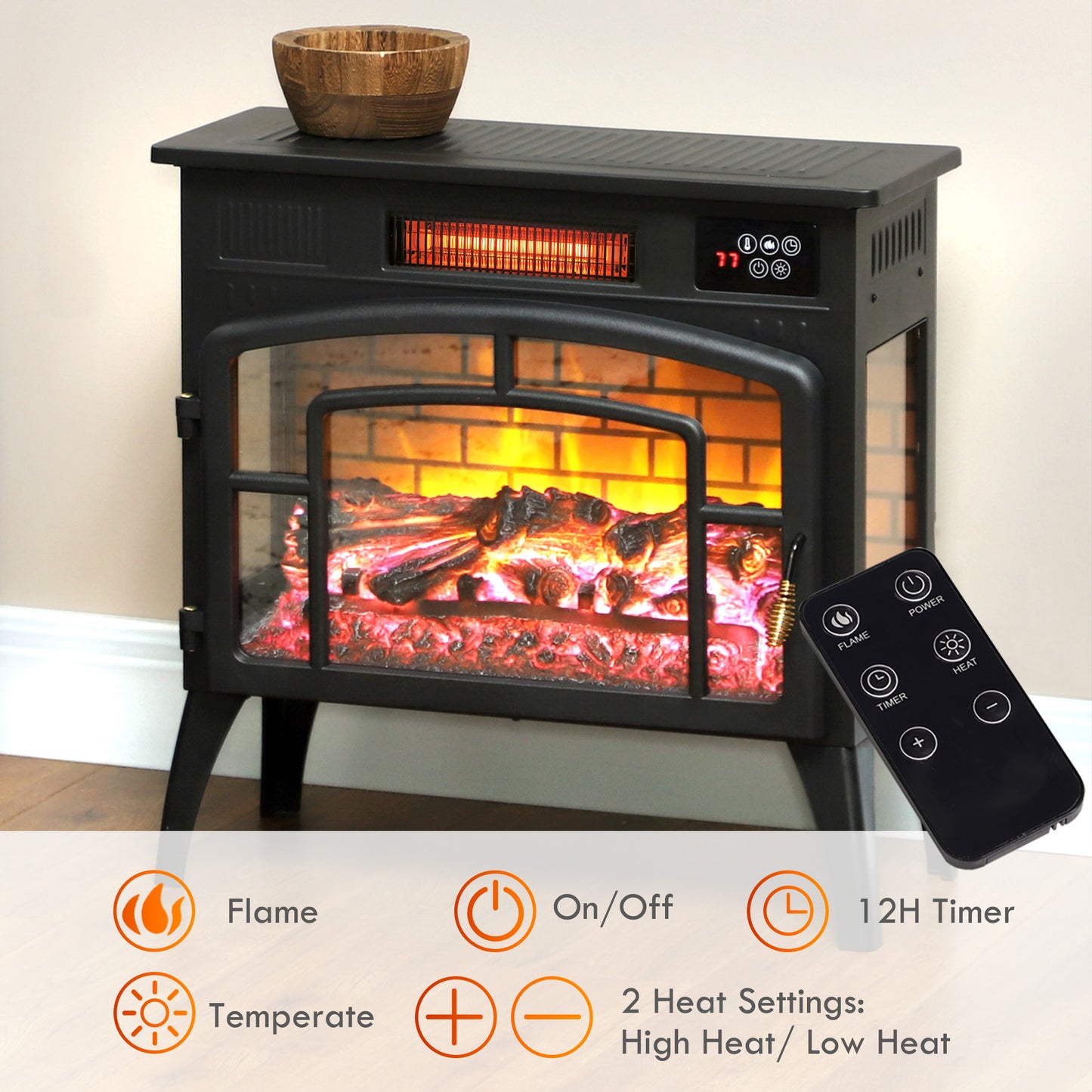 Electric Fireplace Stove with 3-Sided Glass and Remote Control - Black, 655x315x515 mm