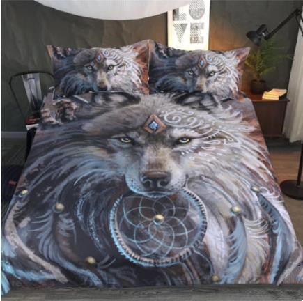 3D Wolf Tribe Warrior Duvet Cover Set - Cartoon Animal Bedding with Polyester Fabric