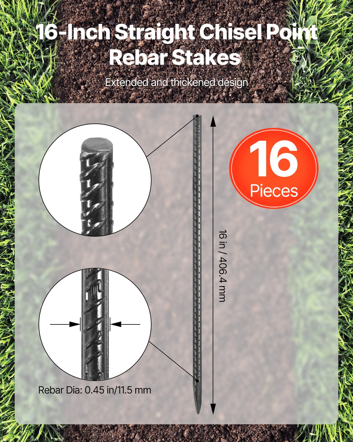 16-Inch Galvanized Steel Rebar Stakes Set - Heavy Duty Ground Anchors for Garden & Soil