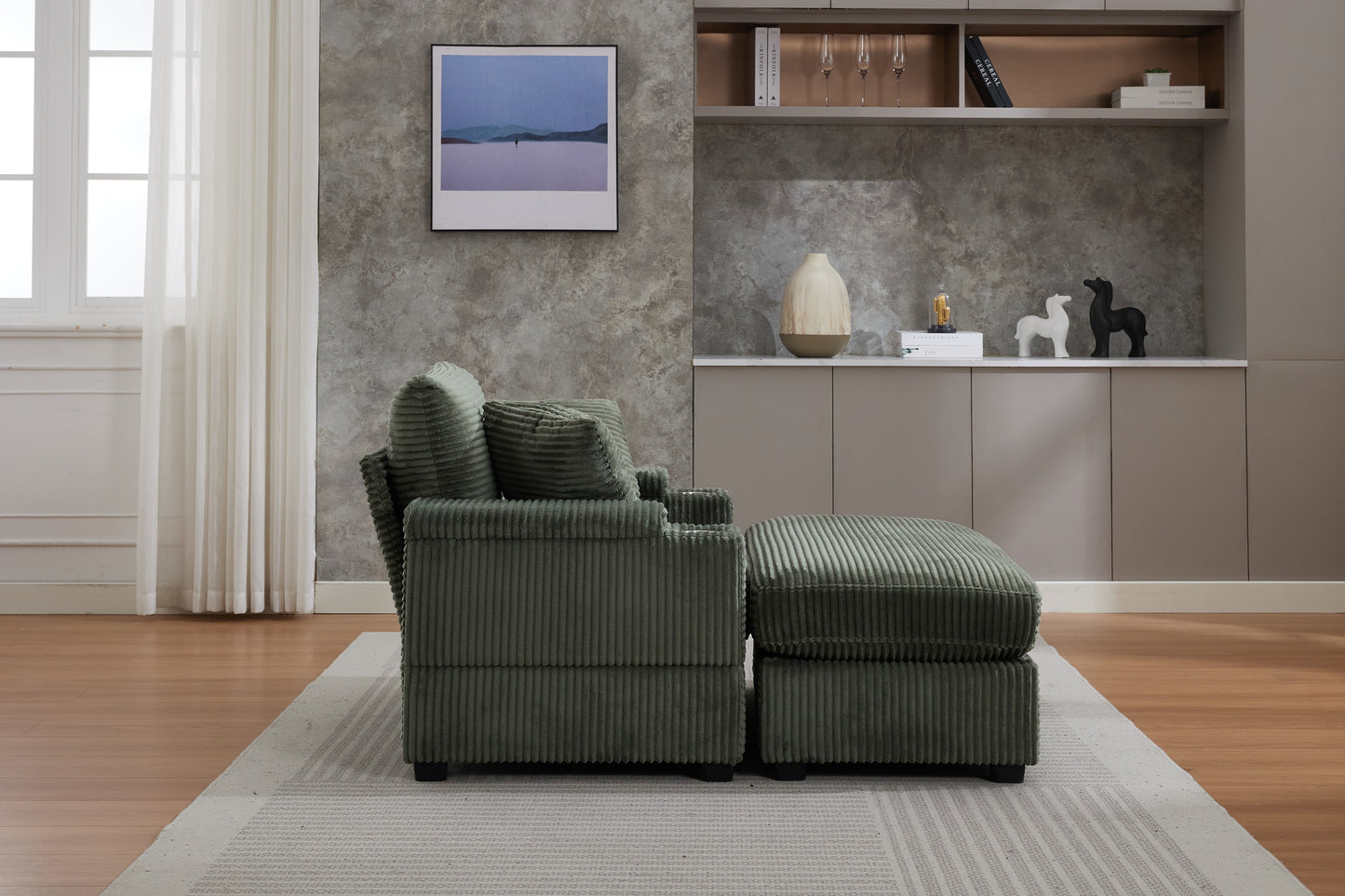 Corduroy Upholstered Chaise Lounge Sofa with Storage - Dark Green