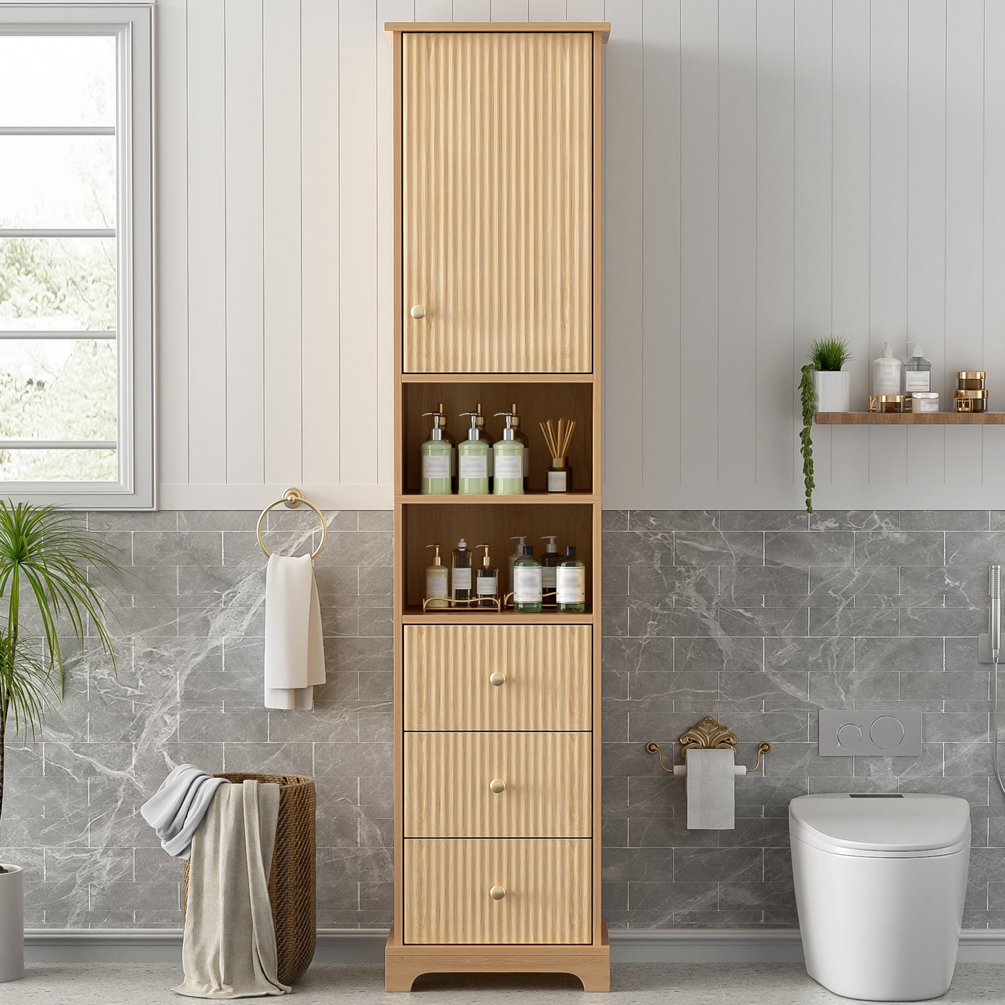 67.7" Tall Freestanding Bathroom Cabinet - 1 Door, 3 Drawers, Gold Metal Handles