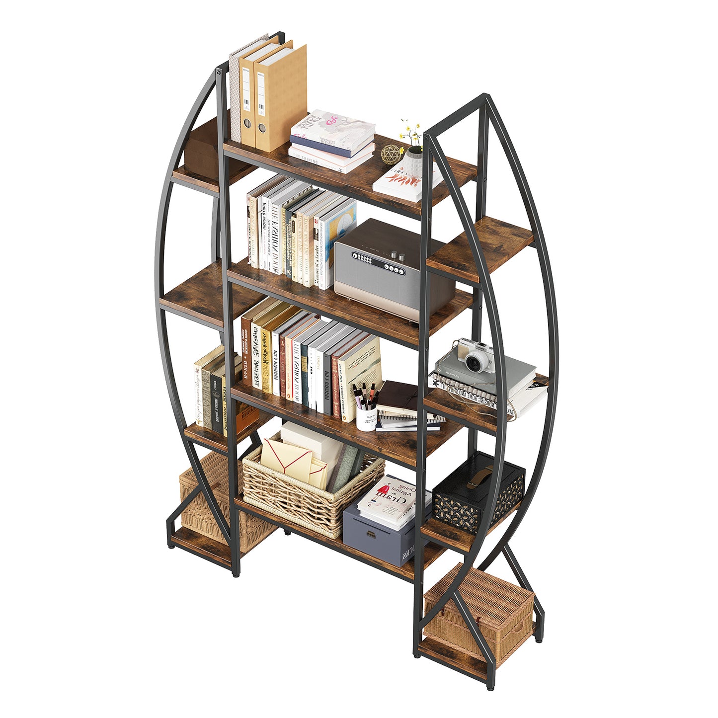 Industrial Oval Bookshelf - Vintage Metal & Wood Bookcase