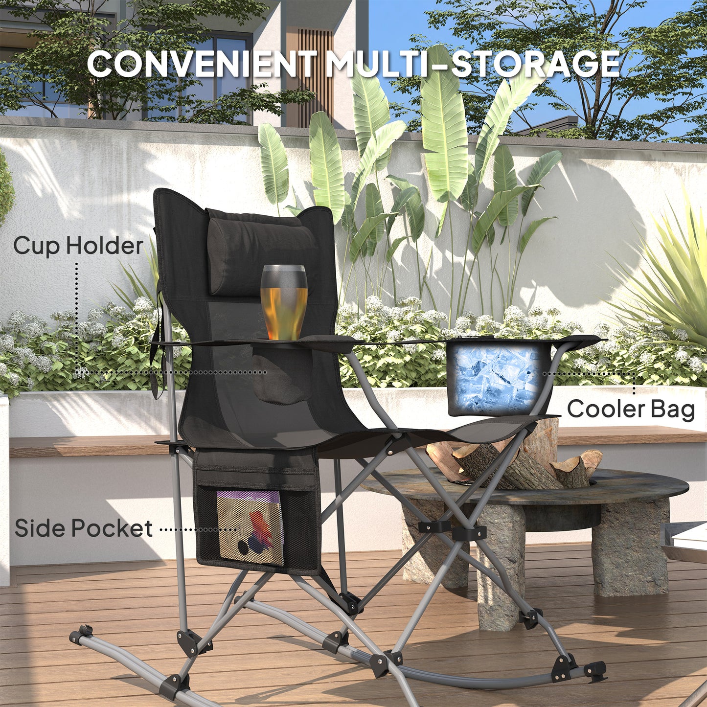 Folding Rocking Camping Chairs with Headrest & Cooler Bag - 2 Pack