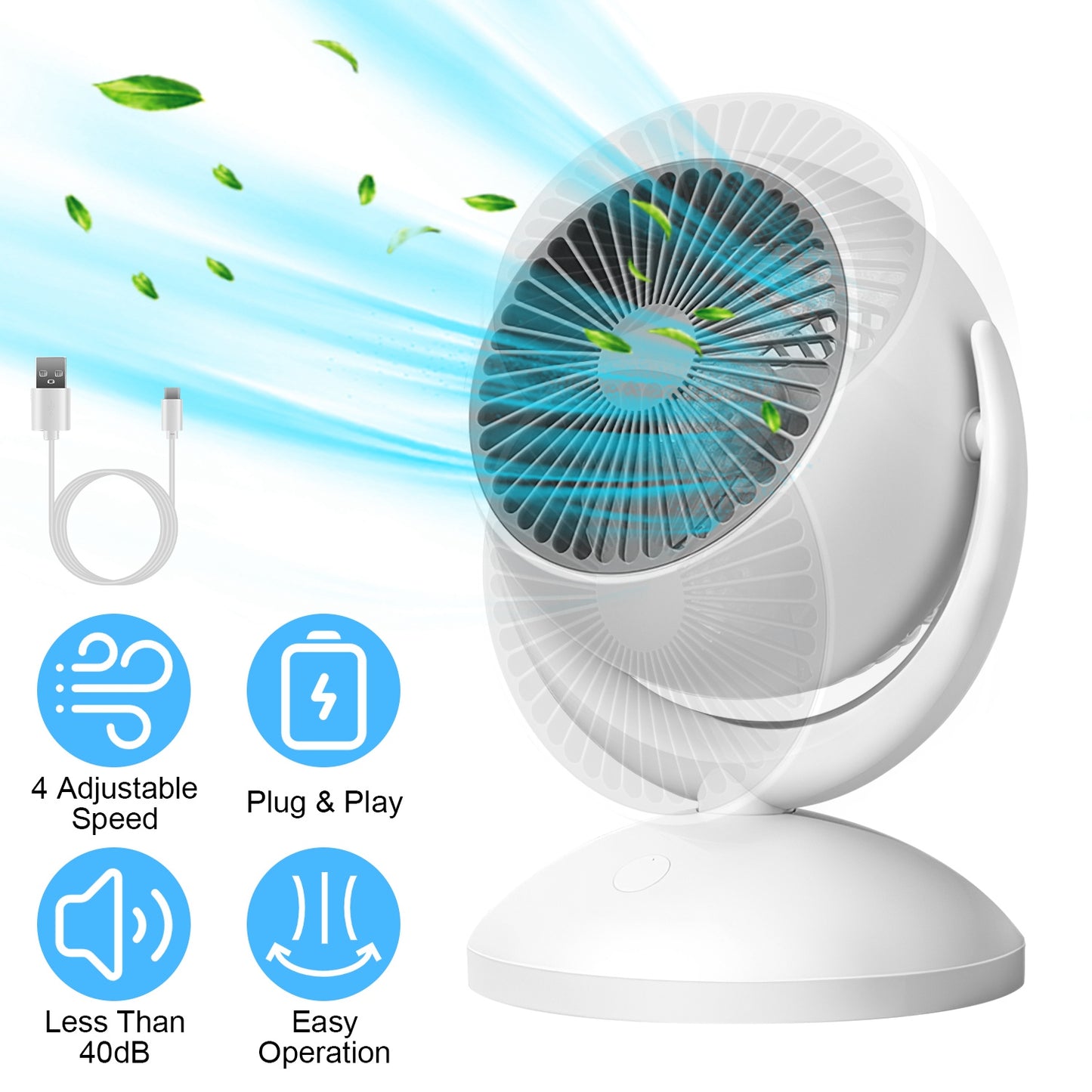 Portable Rechargeable Desk Fan with 4 Speeds & 360° Tilt - White
