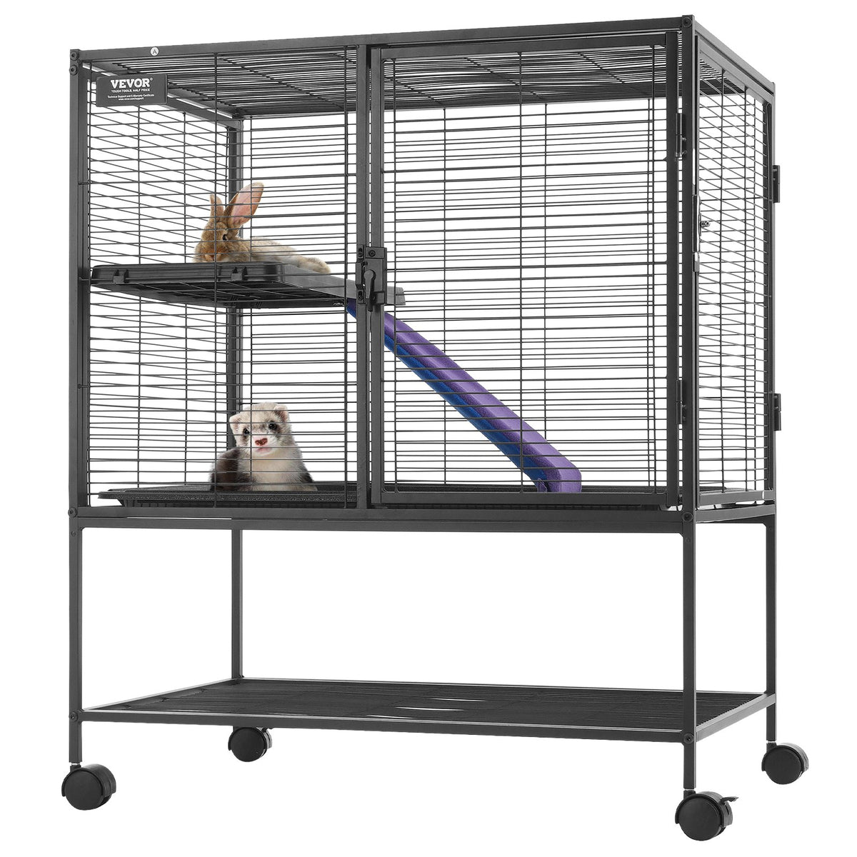 36-Inch Metal Small Animal Cage with Ramp - 2-Tier Rolling Ferret Enclosure, Black