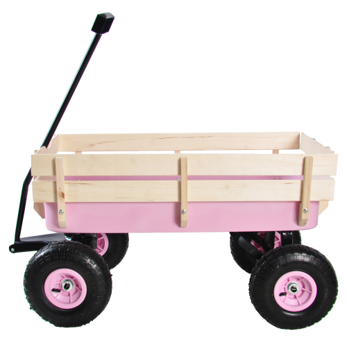 All Terrain Garden Wagon with Wood Railing and Air Tires for Outdoor Use