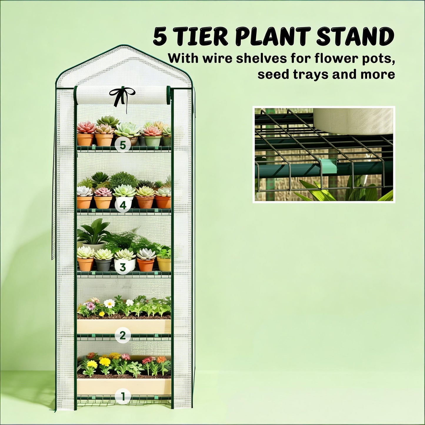 Portable Mini Greenhouse with Five-Tier Plant Shelf - Dark Green & White