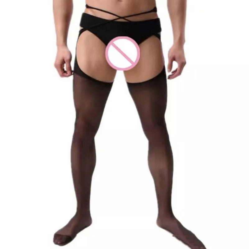 Men's Black Silk Stockings Bodystocking Crotchless Sheer Lingerie