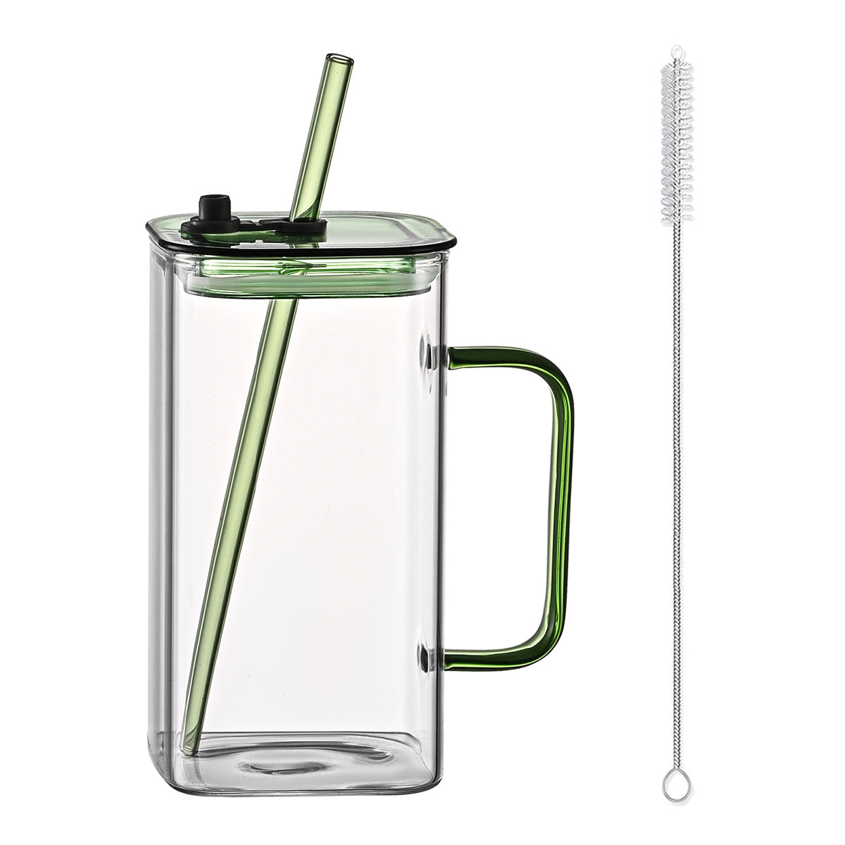 Green Square Glass Straw Cup - High Borosilicate Drinkware