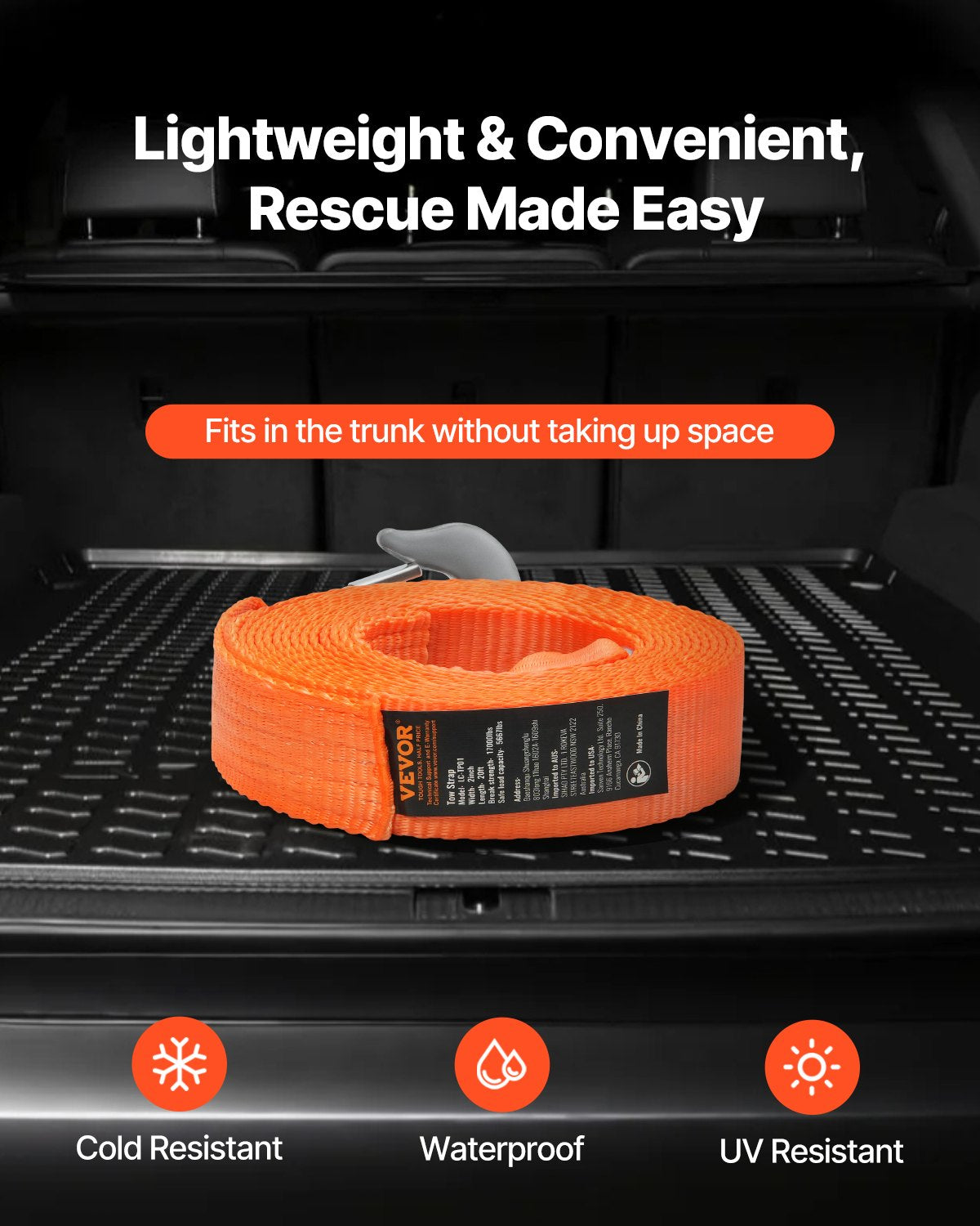 Heavy-Duty Tow Rope 17000 Lb Capacity 20 Ft Car Tow Cable with Hooks - Orange