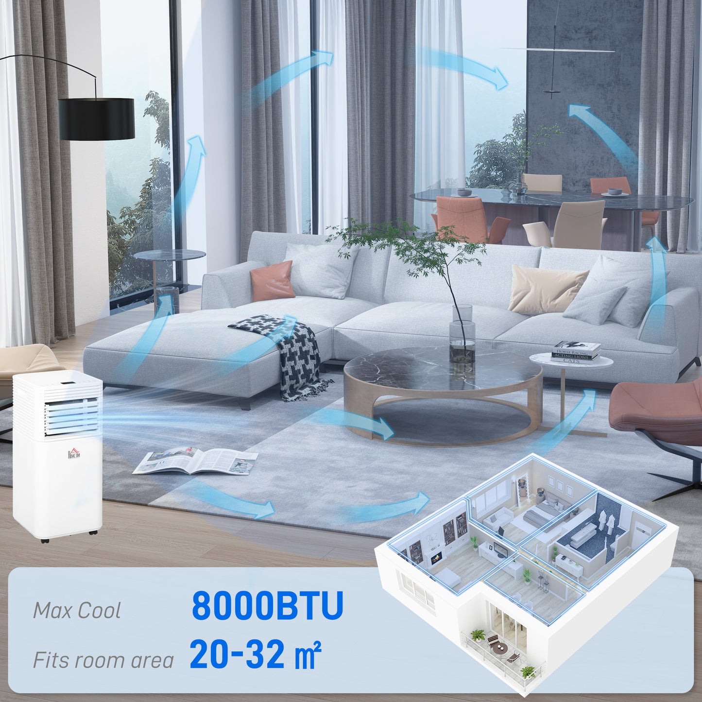 Portable 8000 BTU Air Conditioner with Remote, Dehumidifier & Timer - White