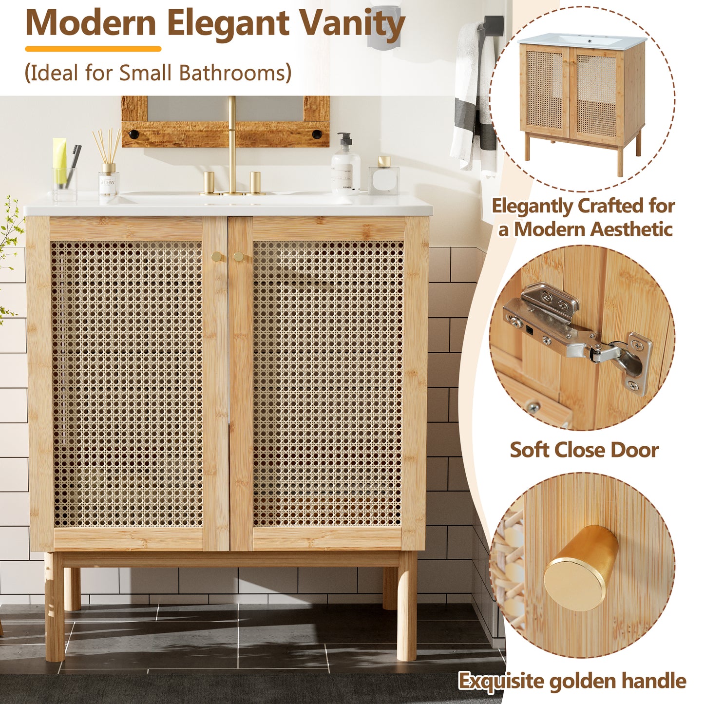30-Inch Bathroom Vanity with Handmade Rattan Doors - Wood