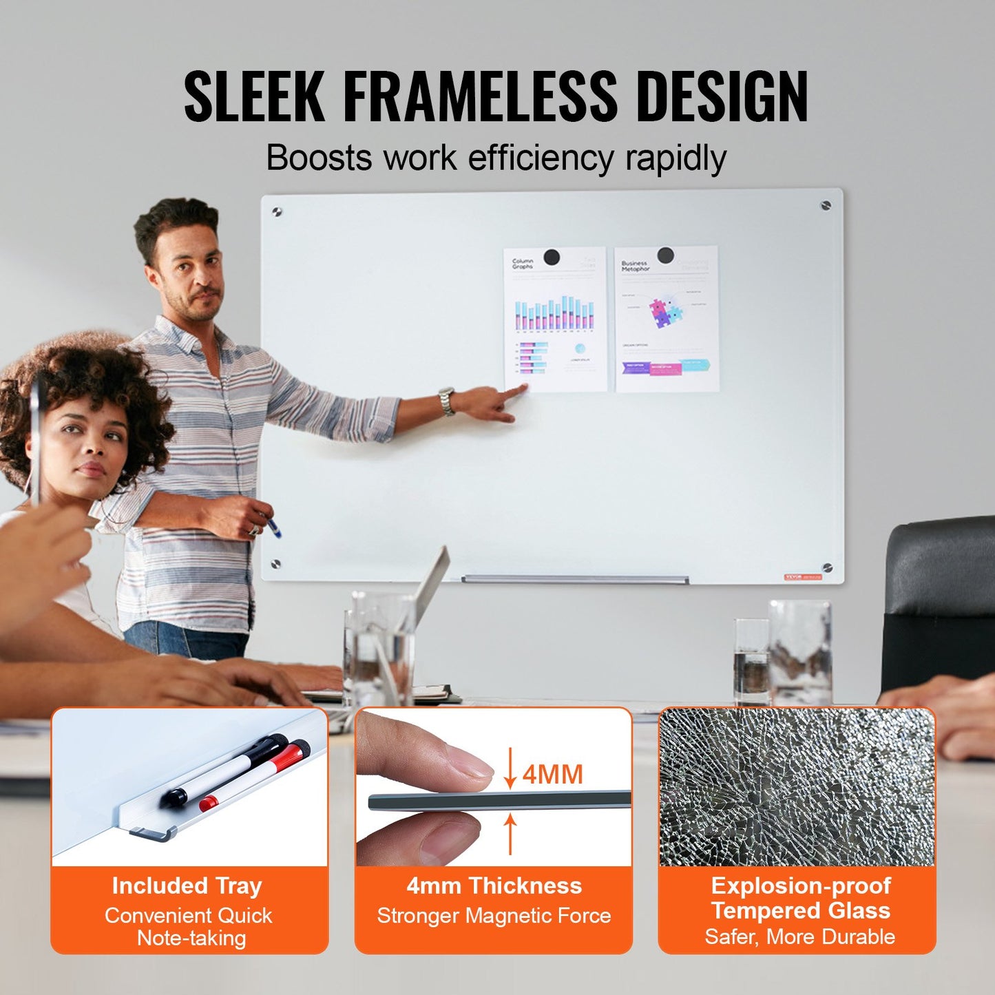 Magnetic Glass Whiteboard 48'x32' - Frameless Dry Erase Board