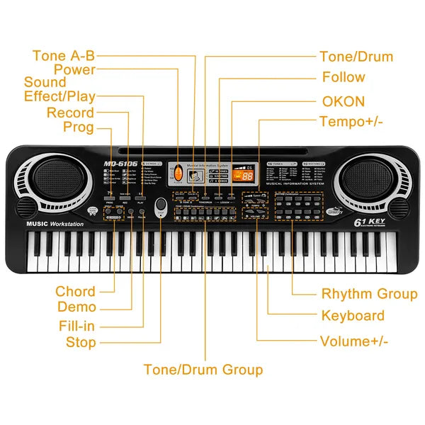 61-Key Digital Electronic Keyboard for Kids - Black Piano Toy