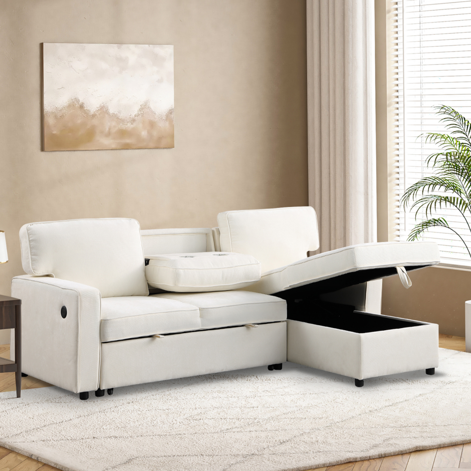 Upholstery Sleeper Sectional Sofa with Storage & USB Port - Beige