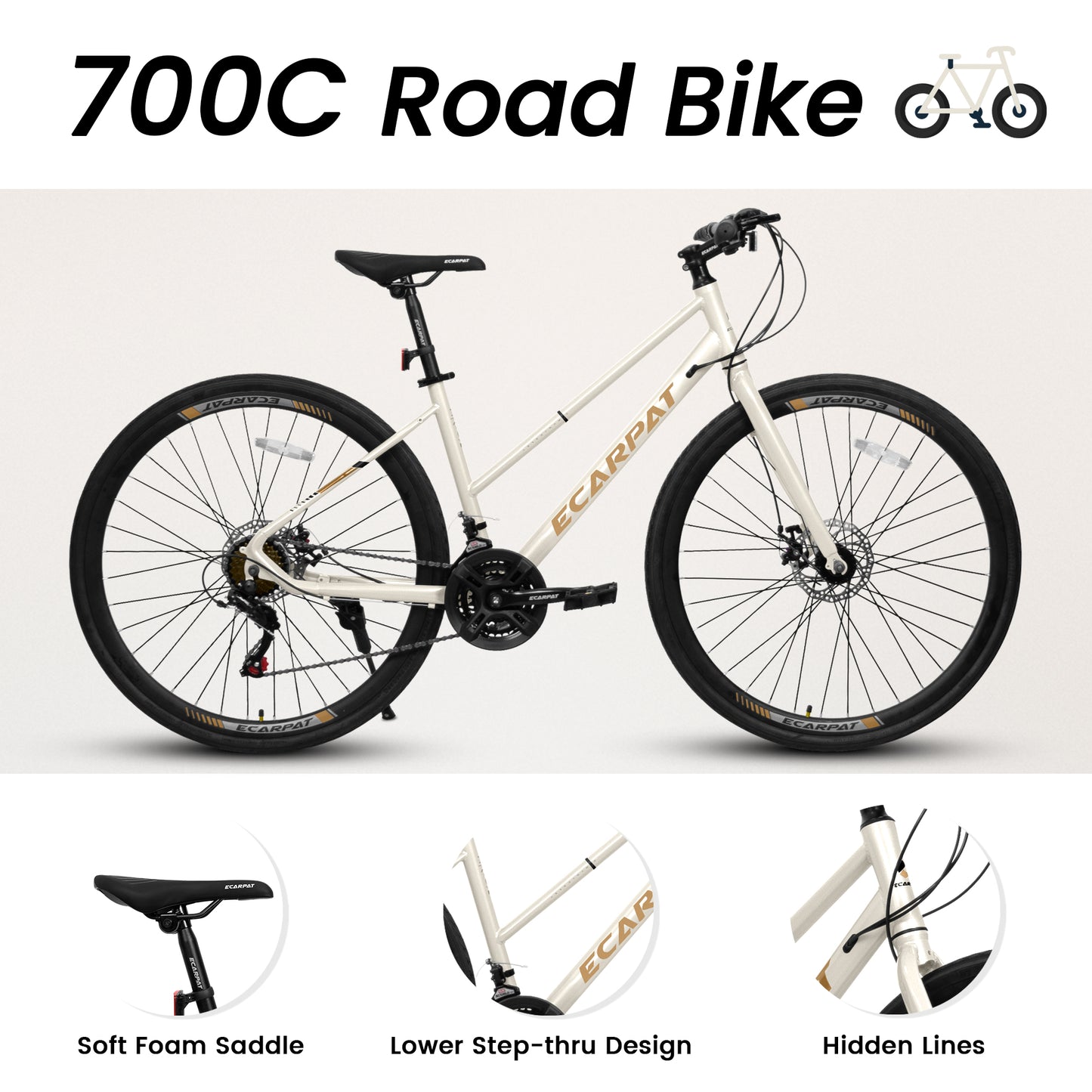 700C x 35 Road Bike - Aluminum Alloy Wheels, 21-Speed, Disc Brakes, Cream