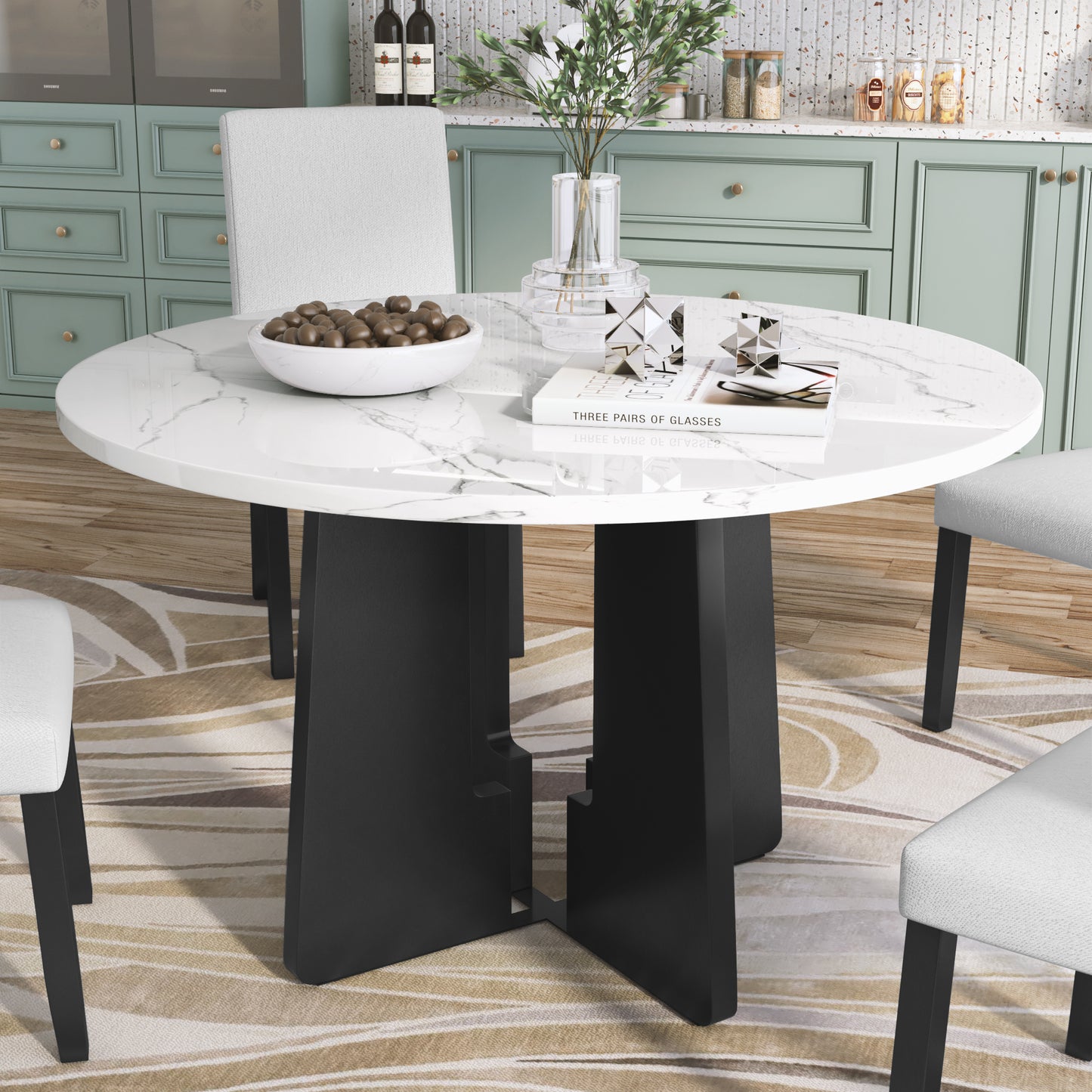 Round Dining Table For 4, 43-Inch Faux Marble Top, Mid-Century Modern