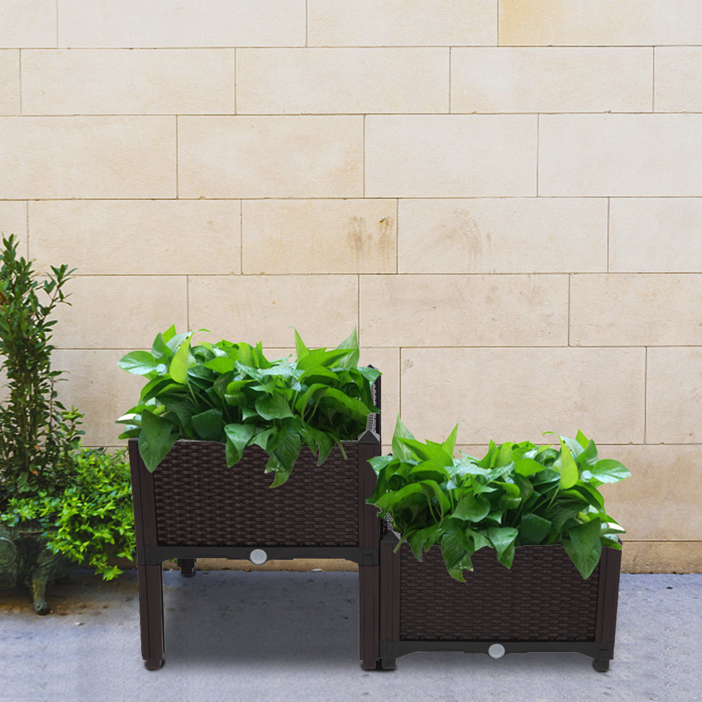2PCS Brown Injection Molded Planting Box Garden Planter with Rattan Pattern
