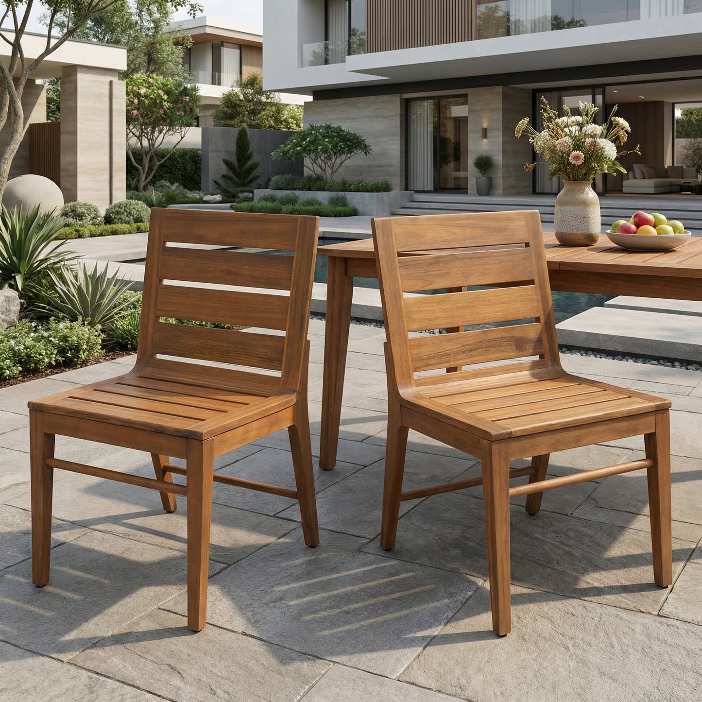 Outdoor Acacia Wood Dining Chairs Set of 2 - Teak Finish