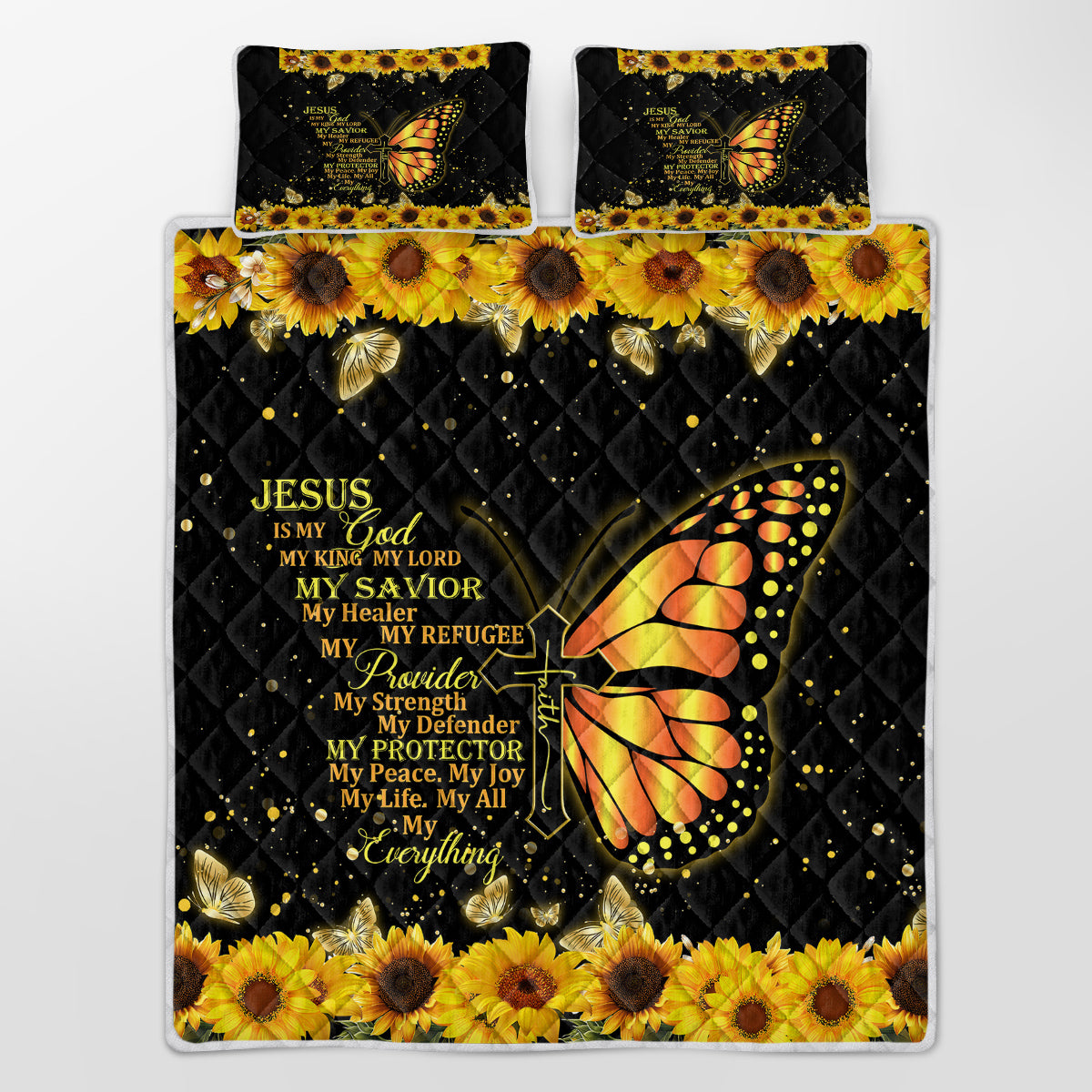Black Gold Sunflower Butterfly Quilt Set - Queen Size, 3 Pieces