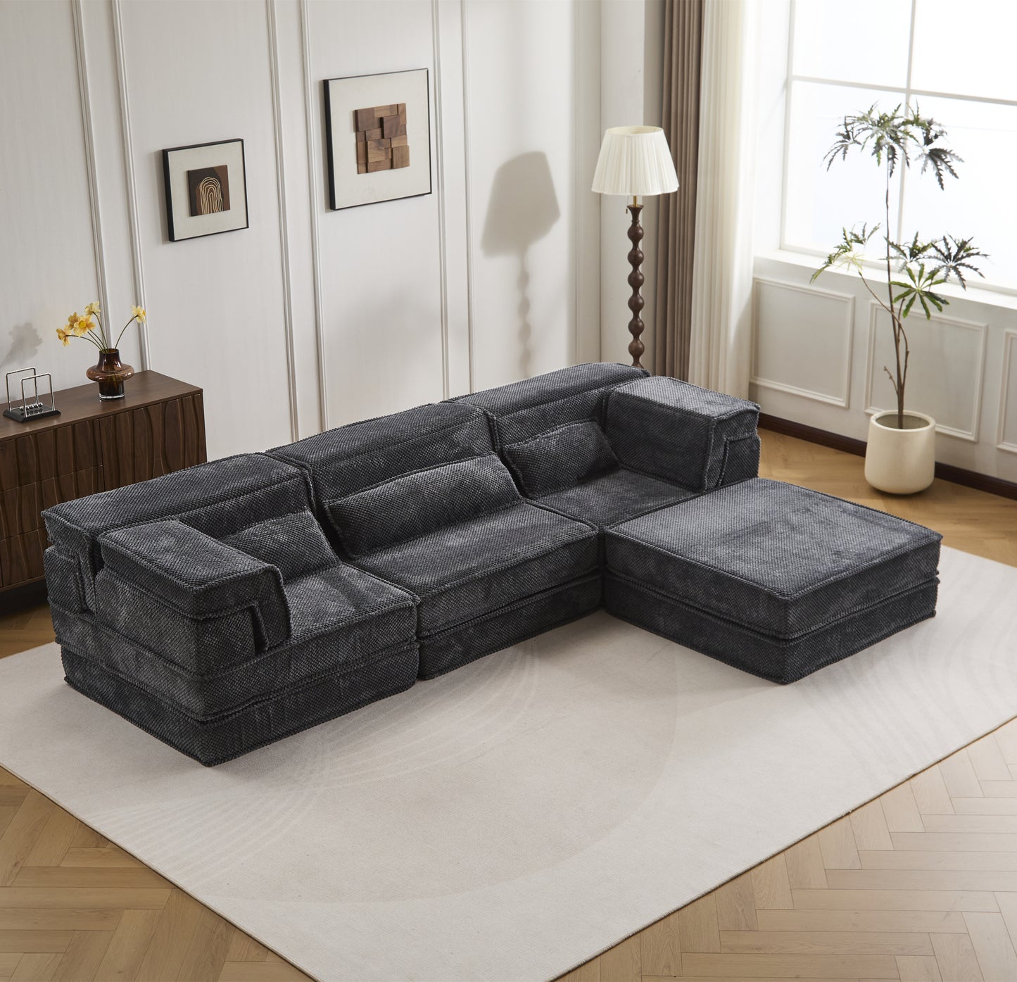 Convertible Floor Sofa Bed with Ottoman - Dark Grey
