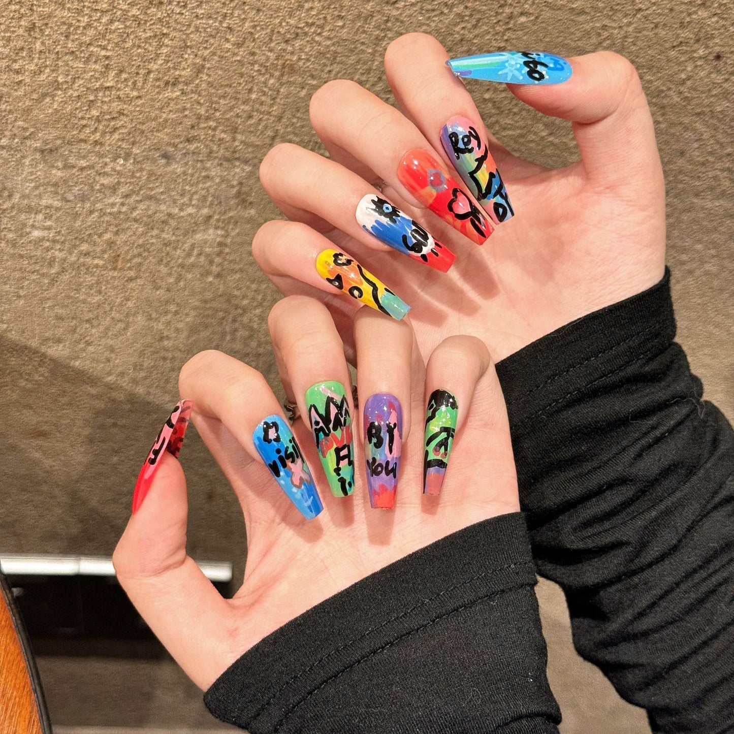 Graffiti French Style Press-On Nails - Long Wearable Nail Art Kit