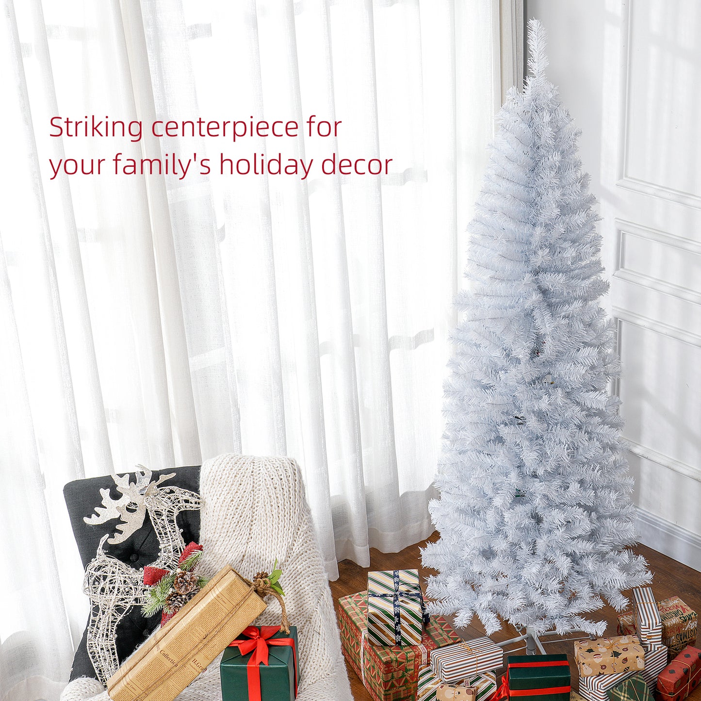 6 FT White Artificial Christmas Tree - Pencil Design with Stand