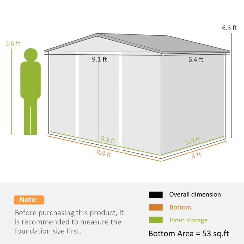 Outdoor Garden Tool Storage Shed - Galvanized Steel, Light Gray, 9x6 ft