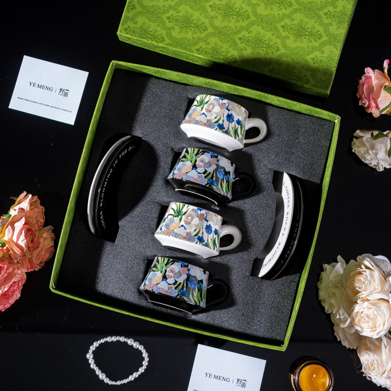 Elegant Iris Flower Ceramic Coffee Cup Set with Gift Box - Multiple Styles & Sizes