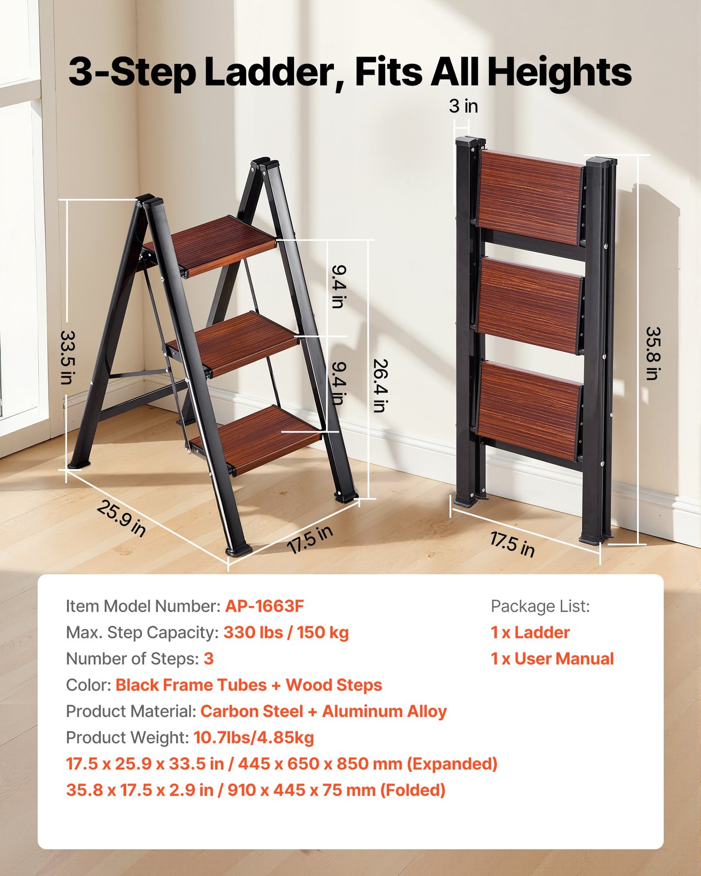 Foldable 3-Step Ladder with Anti-Slip Pedals & Handgrip - Lightweight Aluminum, 330 lbs Capacity, Home & Garden