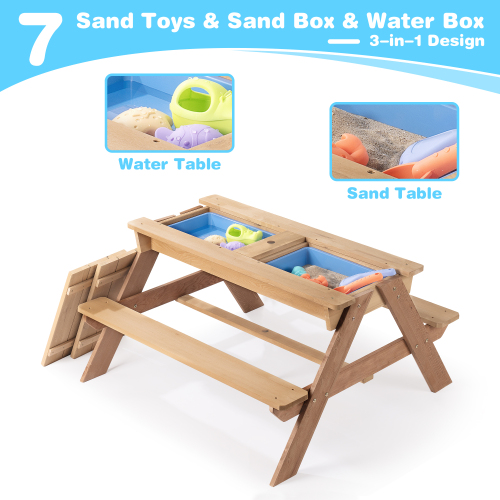 3-in-1 Kids Outdoor Wooden Picnic Table with Umbrella & Sand/Water Kettle