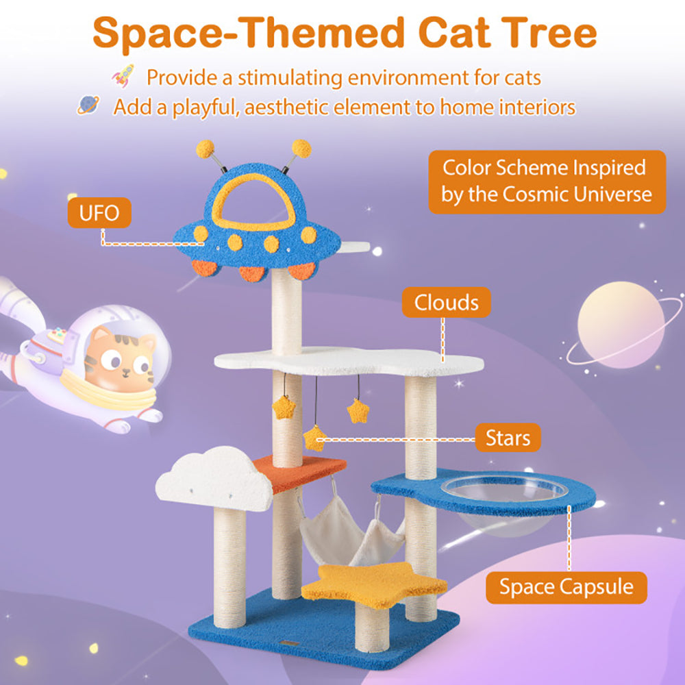Tall Cat Tree with UFO Top Perch, Space Capsule & Sisal Posts - Blue