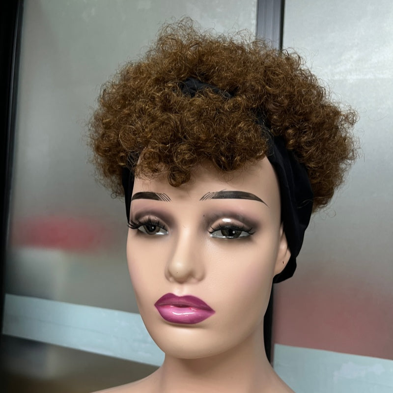 Short Kinky Curly Afro Puff Headband Wig - Natural Brown Glueless Synthetic