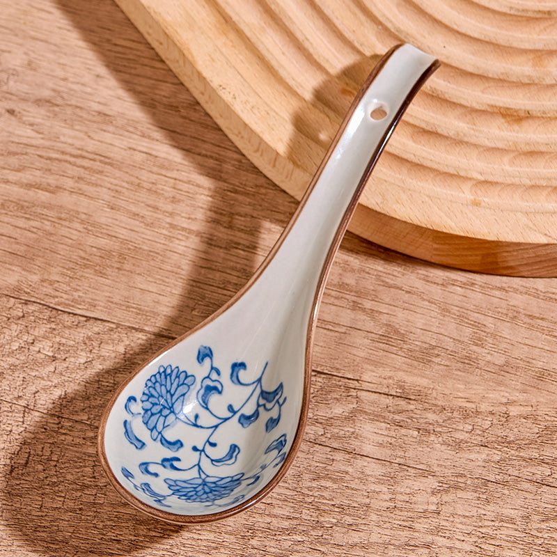 Ceramic Kitchen Spoon Set - Retro Long Handle Floral Pattern, 4 Pack