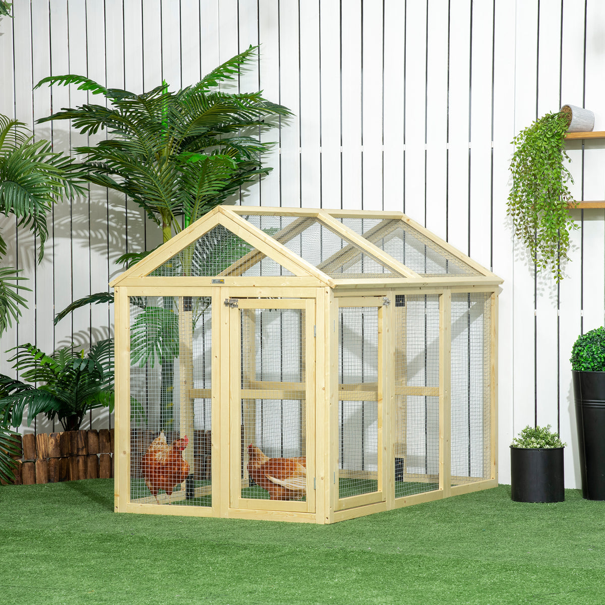 Wooden Chicken Run with Perches - Combinable Design, Natural Wood, 830x380x560mm