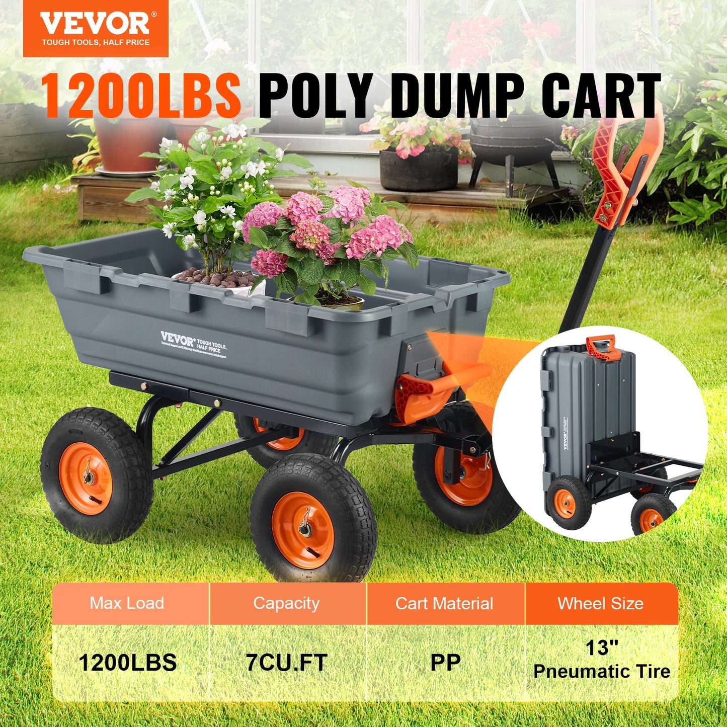 Heavy-Duty Garden Dump Cart 6.48 Cu Ft 1200 Lbs Capacity with 2-in-1 Handle - Black