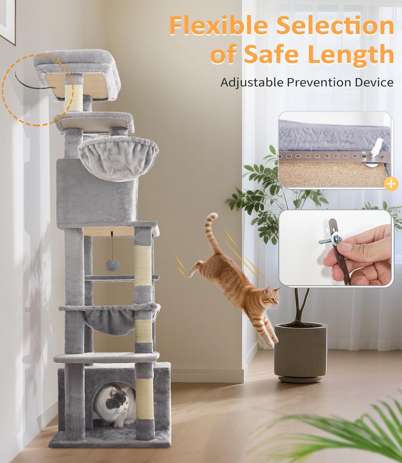 Large Multi-Tier Cat Tree with Sisal Scratching Posts and Widened Perches - Light Gray