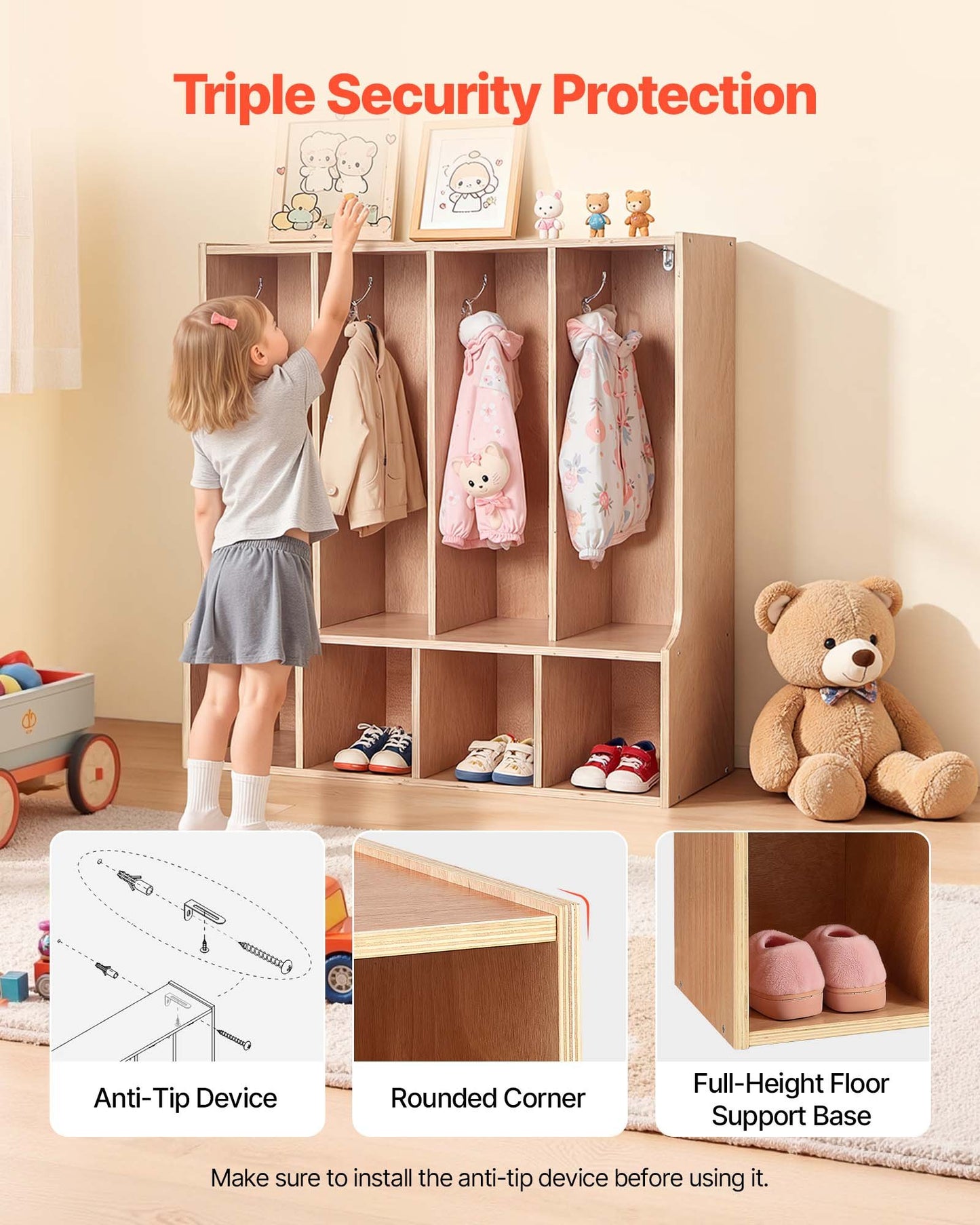 Kids Wooden Coat Locker with Hooks and Storage Cubes - Toddler Organizer, Natural Finish