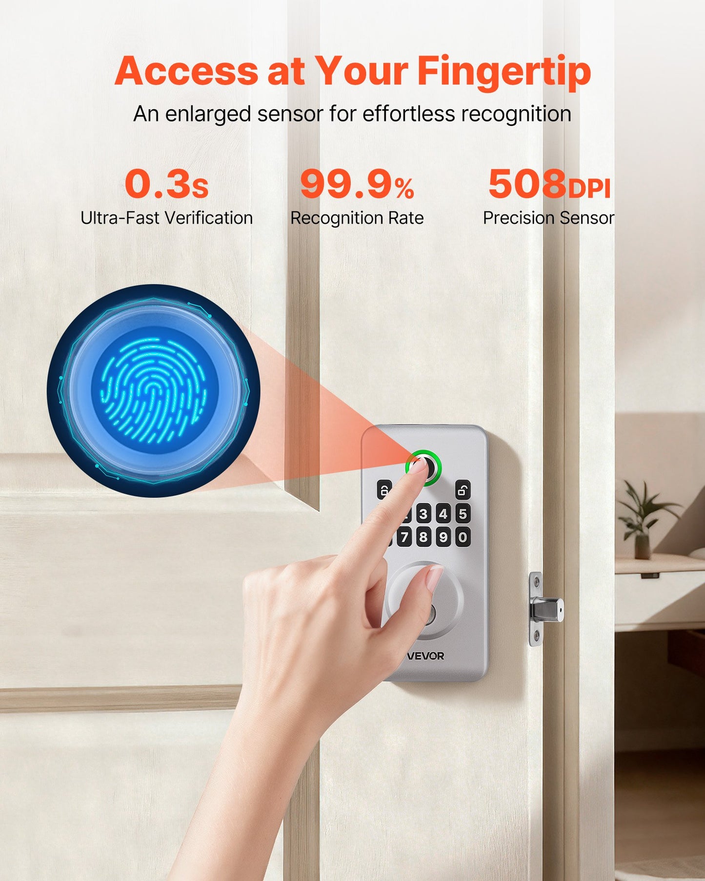 Biometric Fingerprint Door Lock with Keyless Entry and Auto Locking - Silver