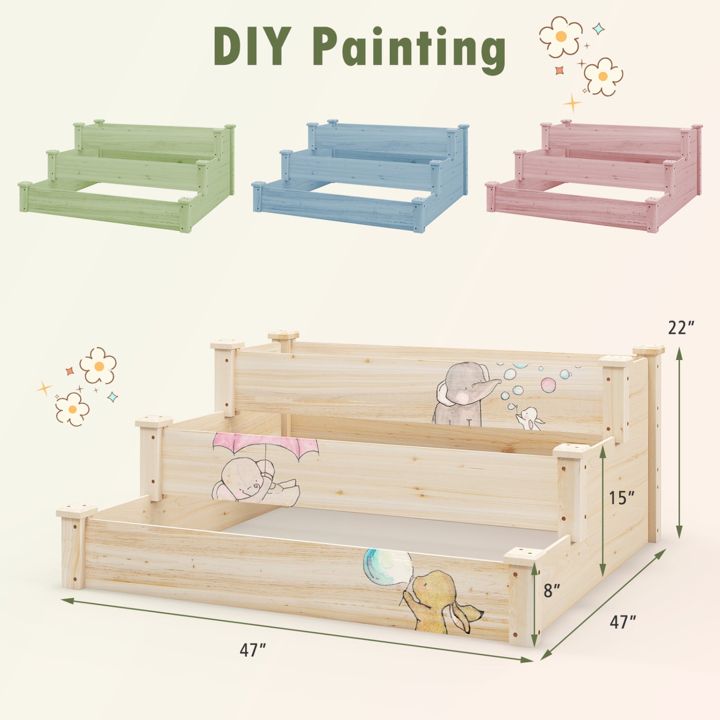3-Tier Elevated Wooden Vegetable Garden Bed - Sturdy Fir Wood