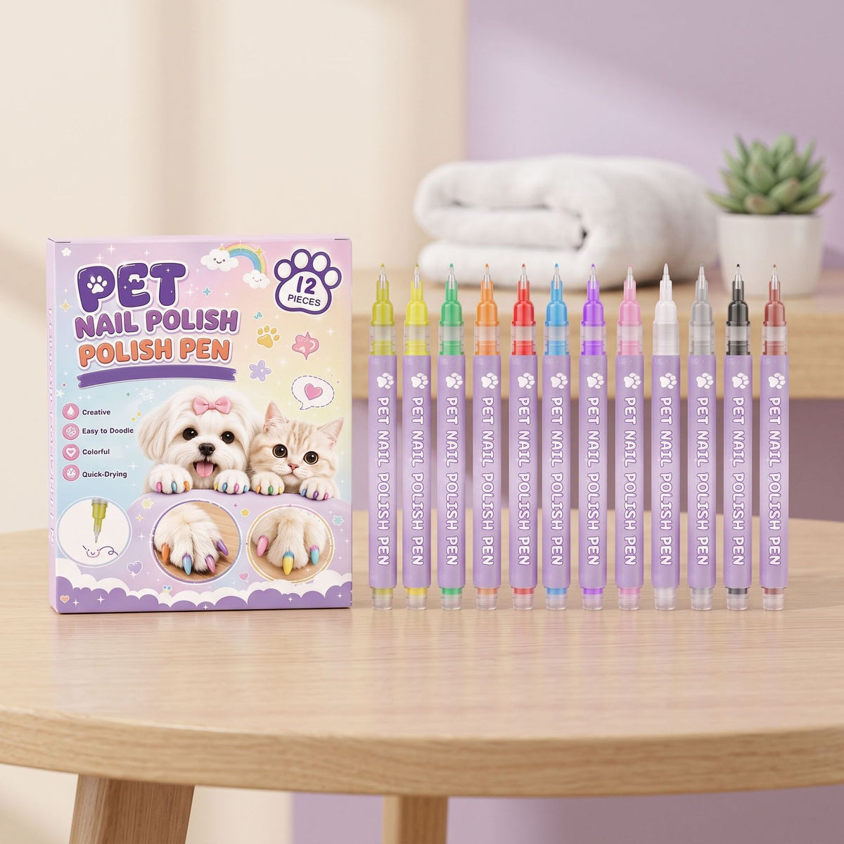 Pet Nail Polish Pen Set - 12 Pieces Dog & Cat Nail Care Tools